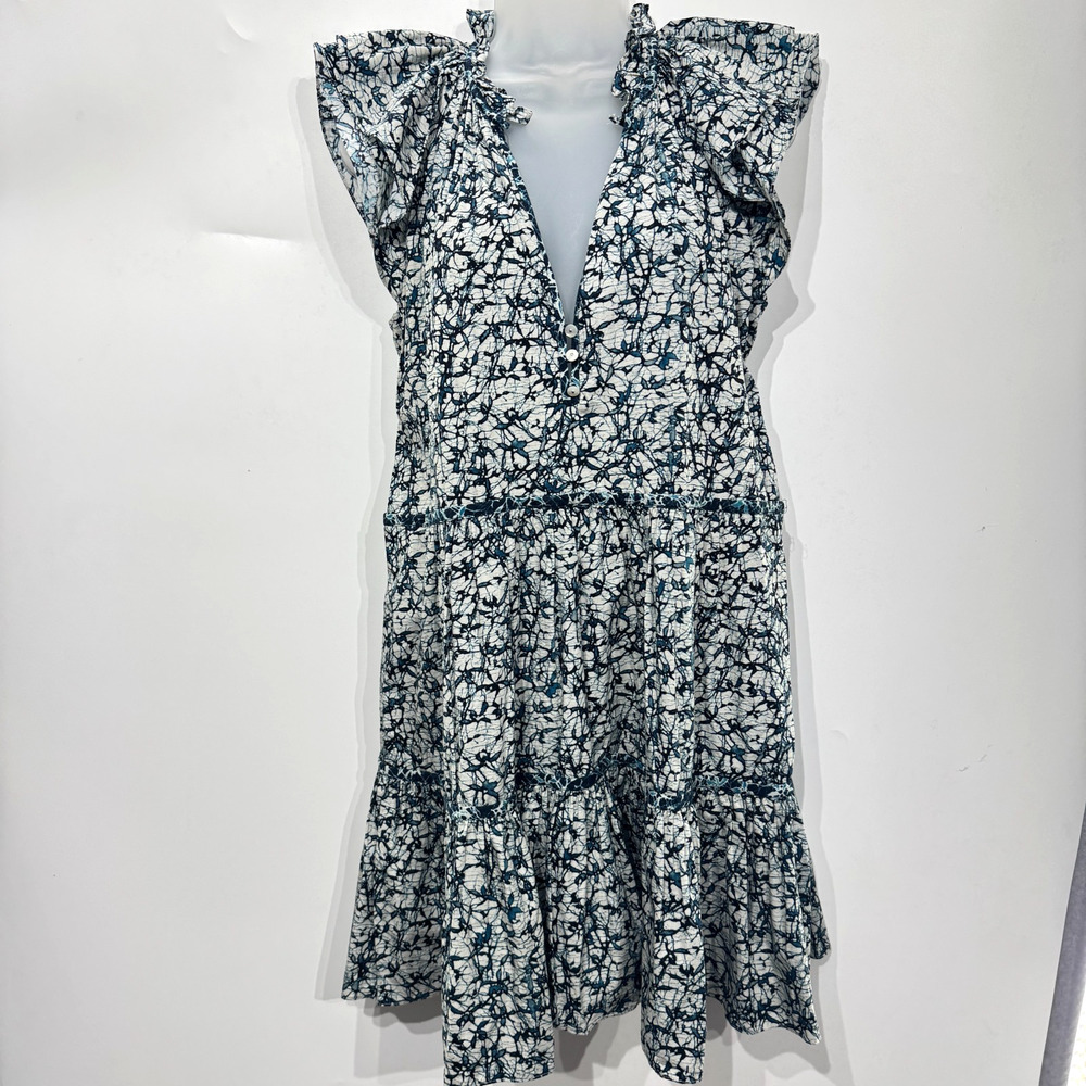 Veronica Beard Zee Batik-Print Tiered Cotton Mini Dress Sz 8 Blue Cream Cotton